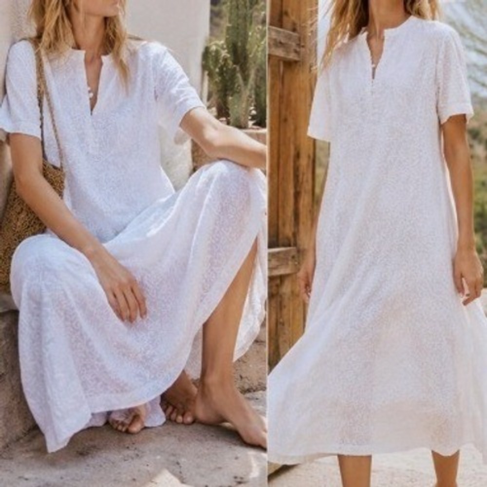 Embroidered Cotton White Midi Dress Short Sleeve Kaftan Boho Large Coastal Bride